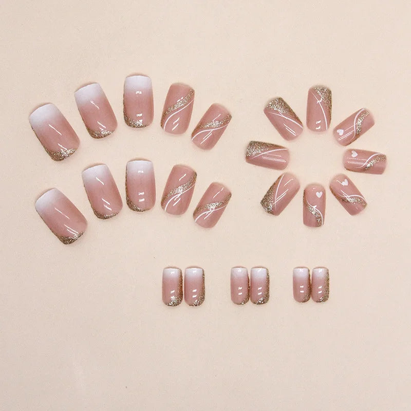 Short Medium fake nails for women gilrs french square nail tips golden glitters strips leaf heart design press on false nails