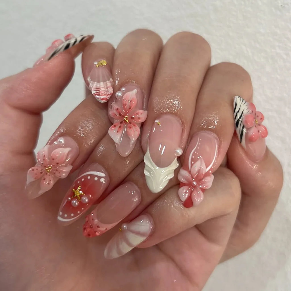 24PCS 3D Tropical Gradient Floral False Nails Almond Luxury French Design Press on Nails Vibrant Summer Sweet Style Manicure Art