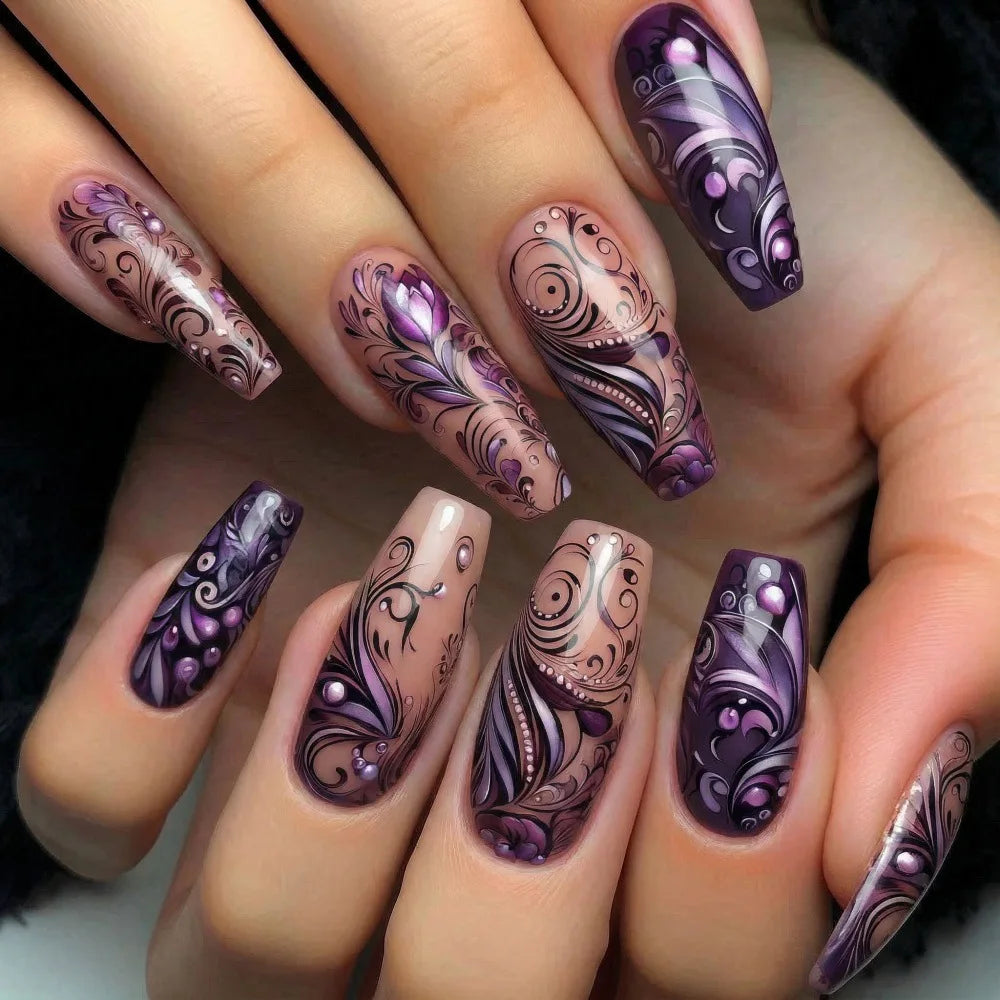 Medium fake nails for women girls fashion purple black flora strips design full cover ballet nail tips press on false nail art