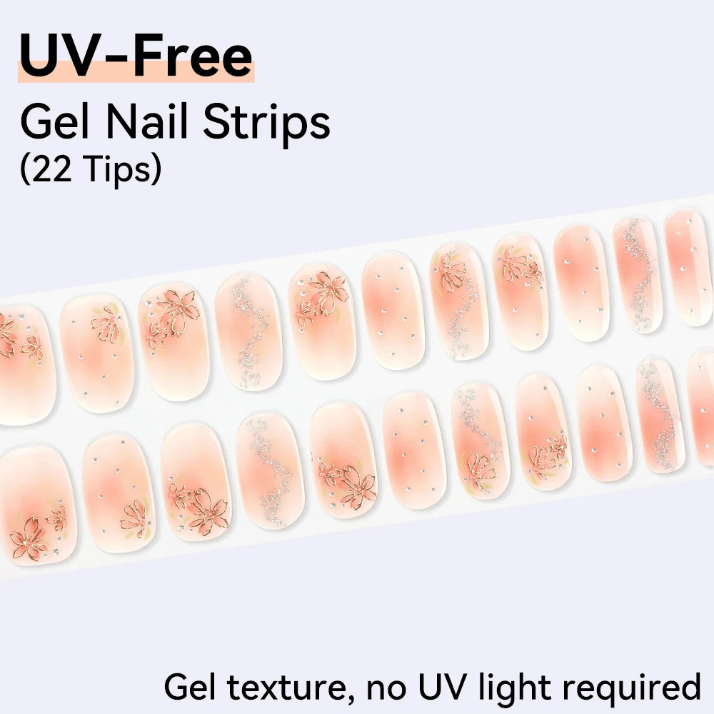 UV Free Gel Nail Strips-22 tips French Ombre Cute Kitty Print Floral HEMA-Free & TPO-Free Press-on Nail Decal - No-Lamp Required