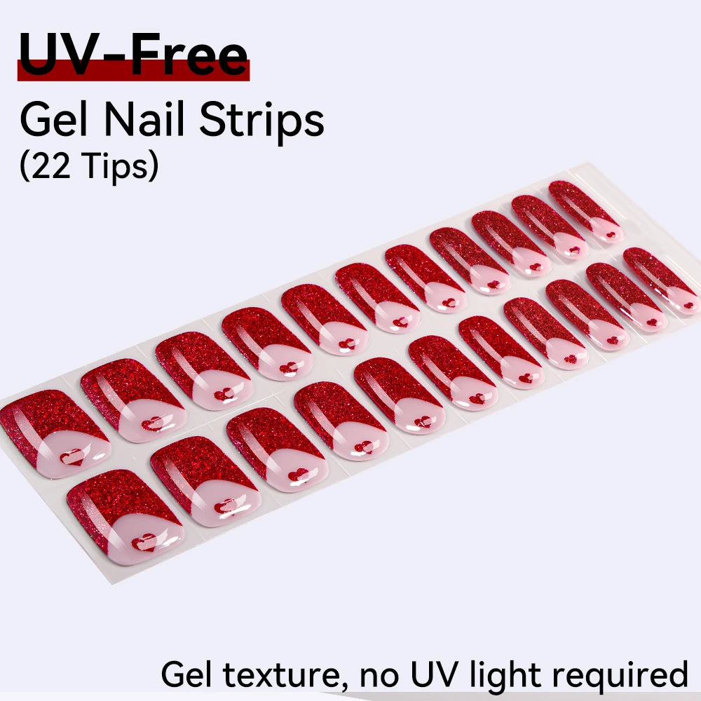 UV Free Gel Nail Strips-22 tips French Ombre Cute Kitty Print Floral HEMA-Free & TPO-Free Press-on Nail Decal - No-Lamp Required