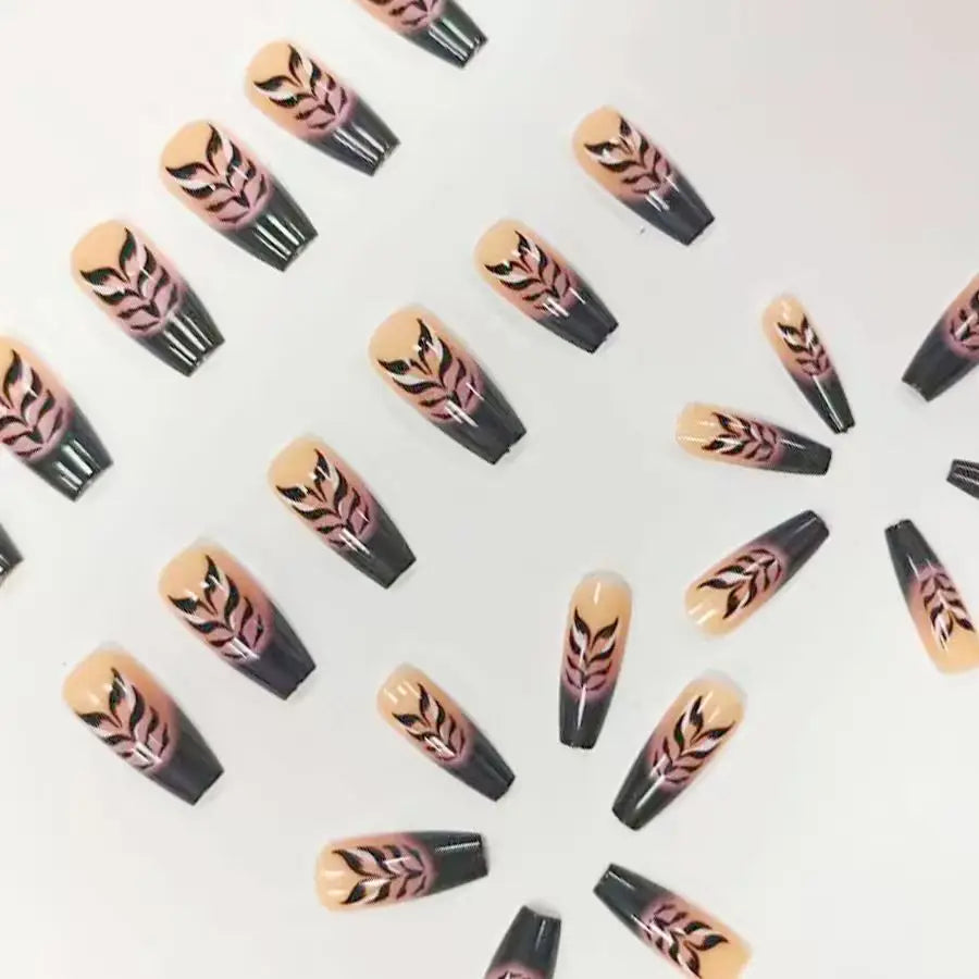 Medium fake nails for women girls fashion purple black flora strips design full cover ballet nail tips press on false nail art