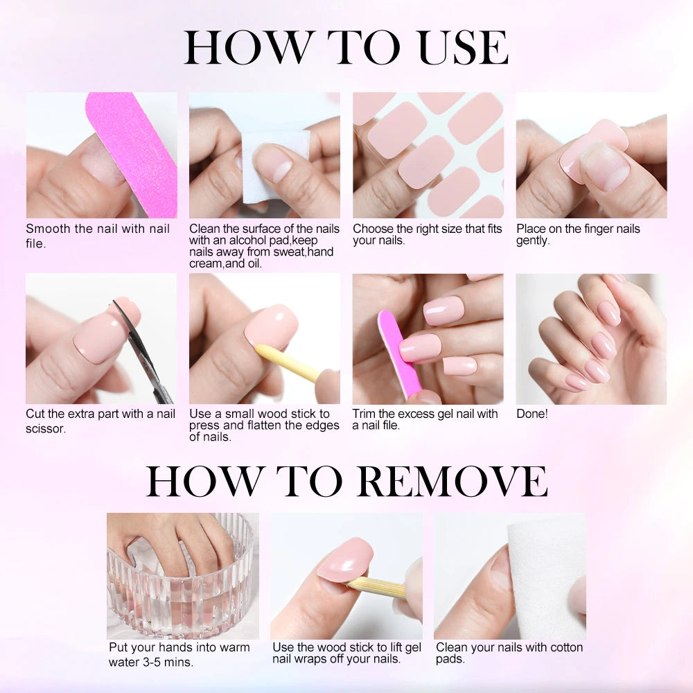 Long-Lasting Gel Nail Strips — Full Cover Color Nail Wraps, 16 Tips