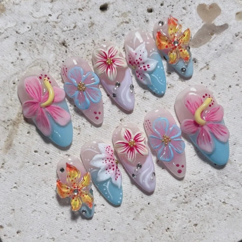24PCS 3D Tropical Gradient Floral False Nails Almond Luxury French Design Press on Nails Vibrant Summer Sweet Style Manicure Art