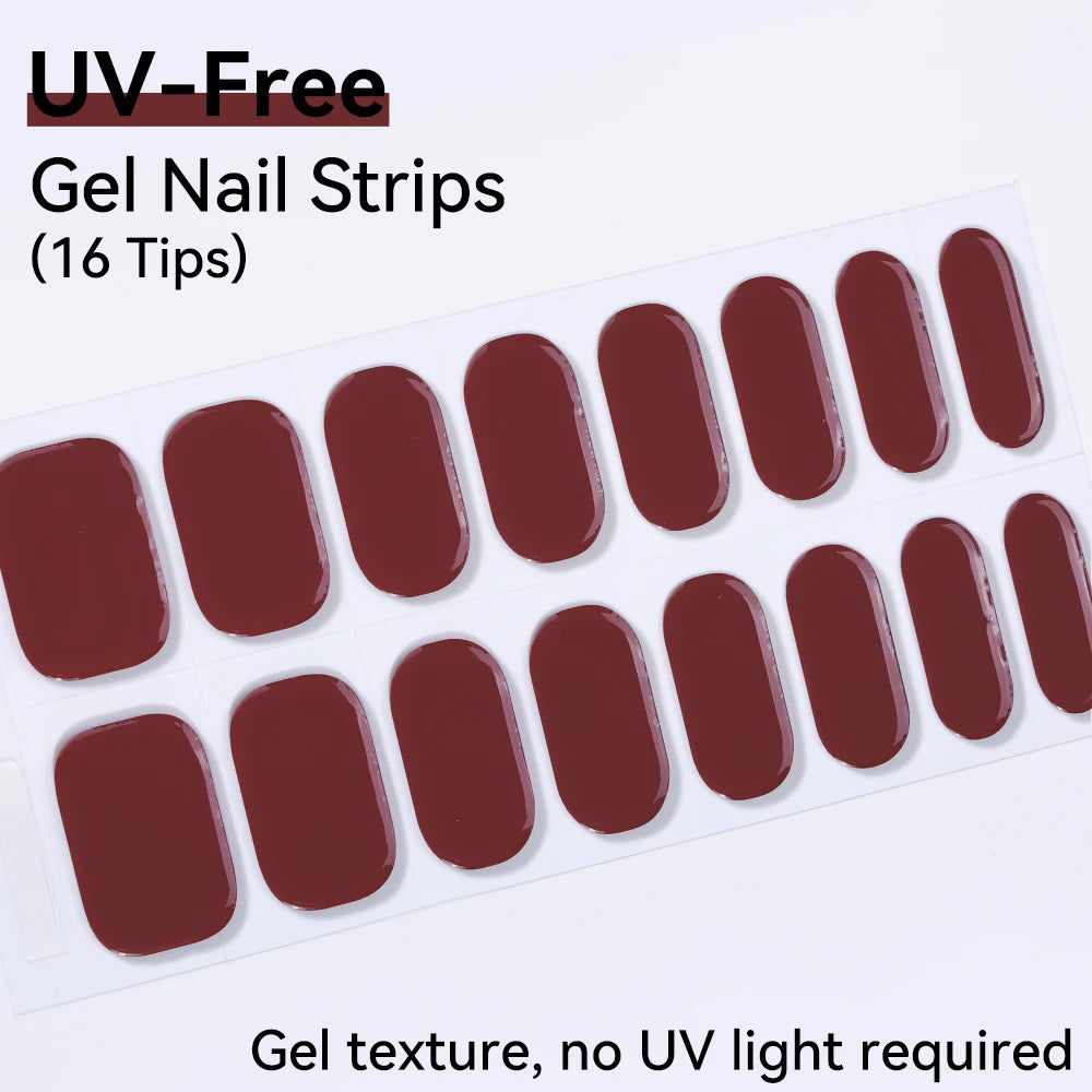 Long-Lasting Gel Nail Strips — Full Cover Color Nail Wraps, 16 Tips