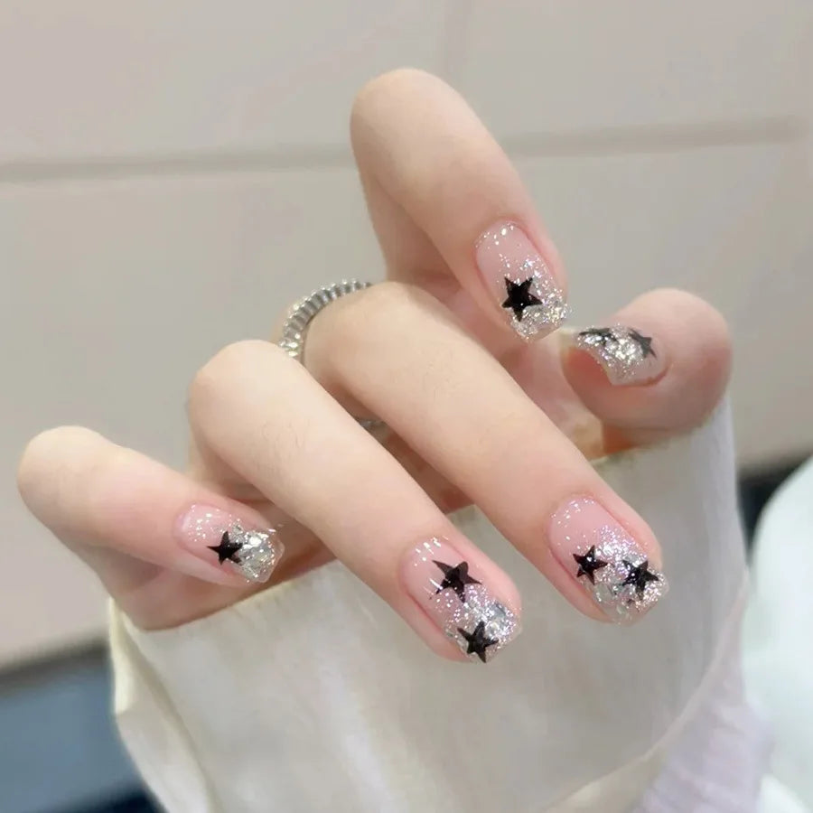 Short Medium fake nails gradient purple blue square nail tips with golden silver gilding starry stars press on false nail art