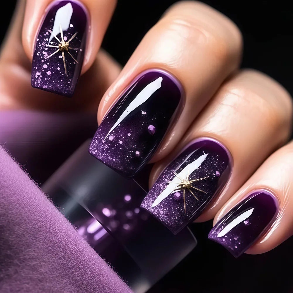 Short Medium fake nails gradient purple blue square nail tips with golden silver gilding starry stars press on false nail art