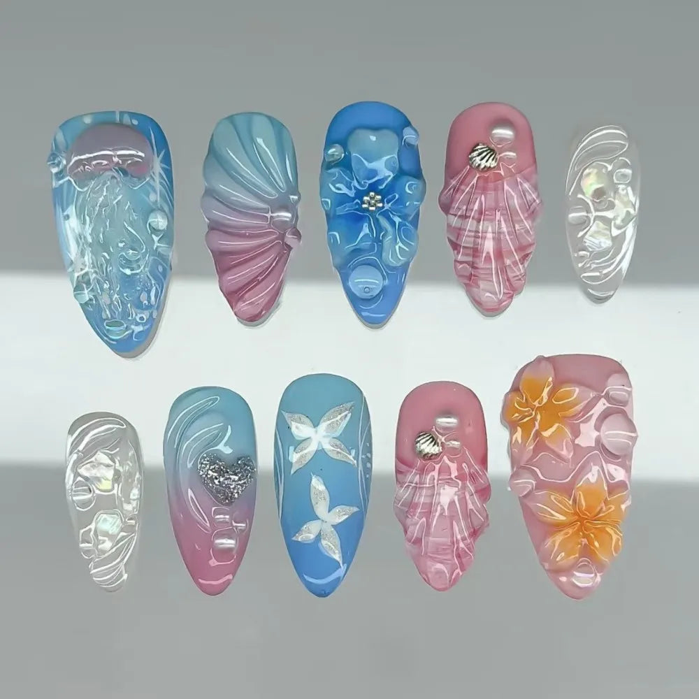 24PCS Gold Metallic Wire Velvet Marble French Fake Nails 3D Luxury Pink Camellia Floral Almond Textured Press on Nails Cozy