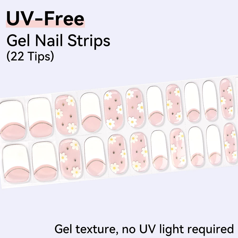 UV Free Gel Nail Strips-22 tips French Ombre Cute Kitty Print Floral HEMA-Free & TPO-Free Press-on Nail Decal - No-Lamp Required