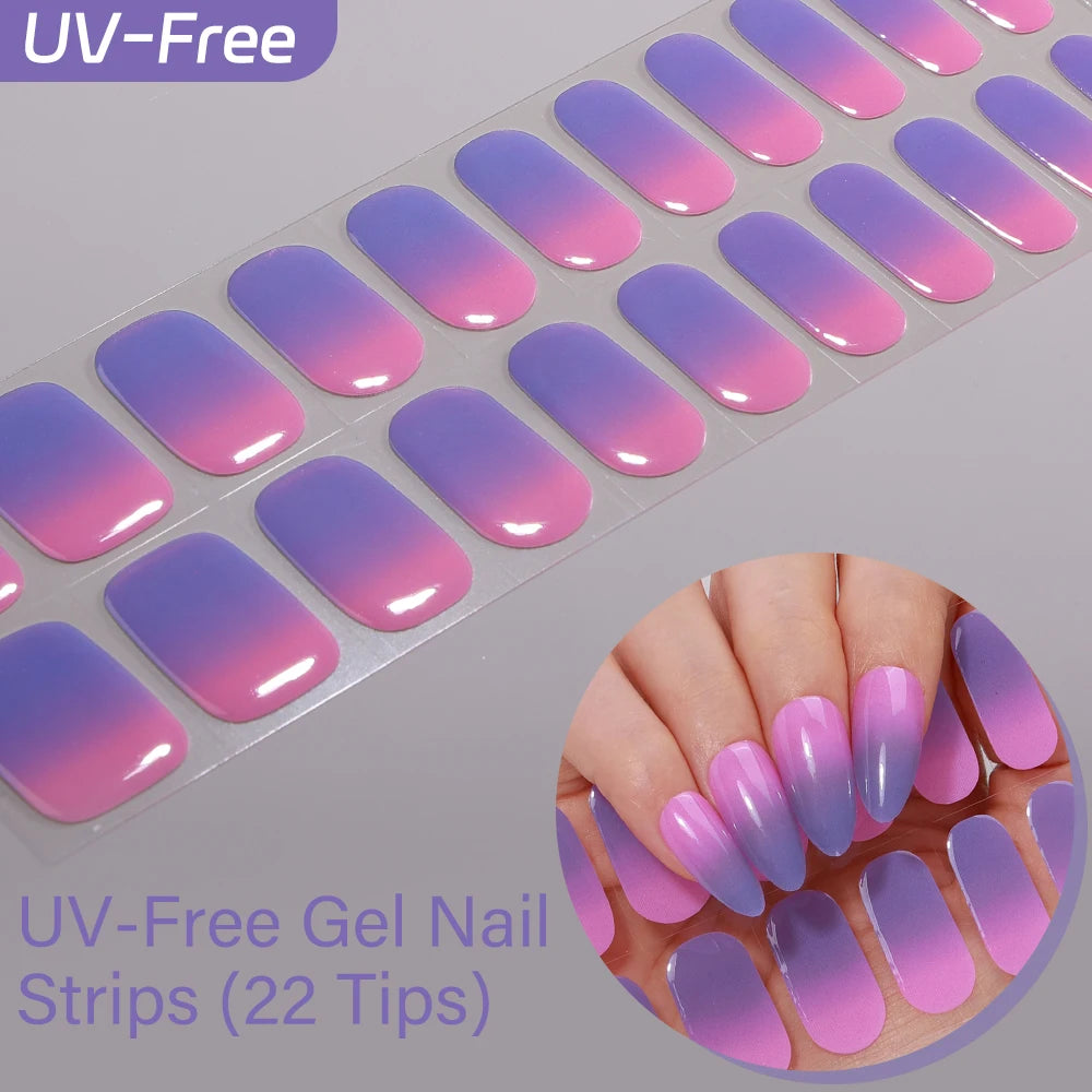 UV Free Gel Nail Strips-22 tips French Ombre Cute Kitty Print Floral HEMA-Free & TPO-Free Press-on Nail Decal - No-Lamp Required