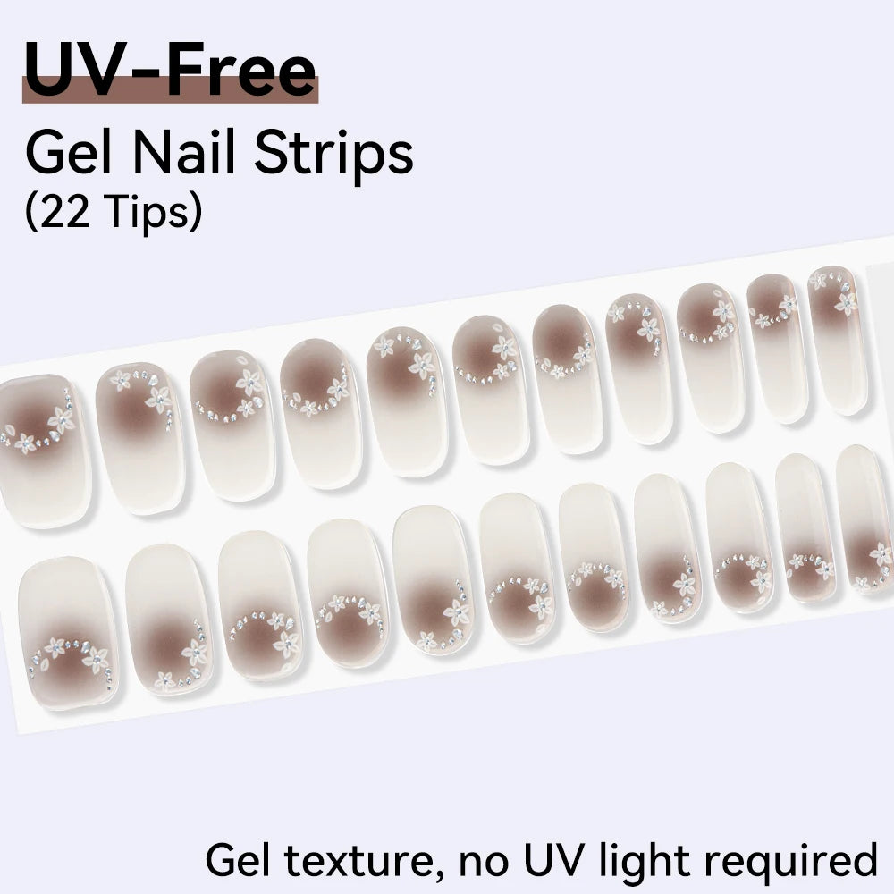 UV Free Gel Nail Strips-22 tips French Ombre Cute Kitty Print Floral HEMA-Free & TPO-Free Press-on Nail Decal - No-Lamp Required
