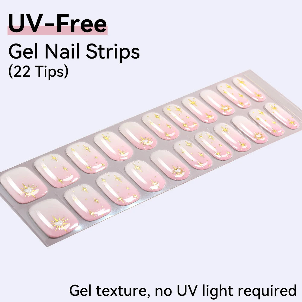 UV Free Gel Nail Strips-22 tips French Ombre Cute Kitty Print Floral HEMA-Free & TPO-Free Press-on Nail Decal - No-Lamp Required