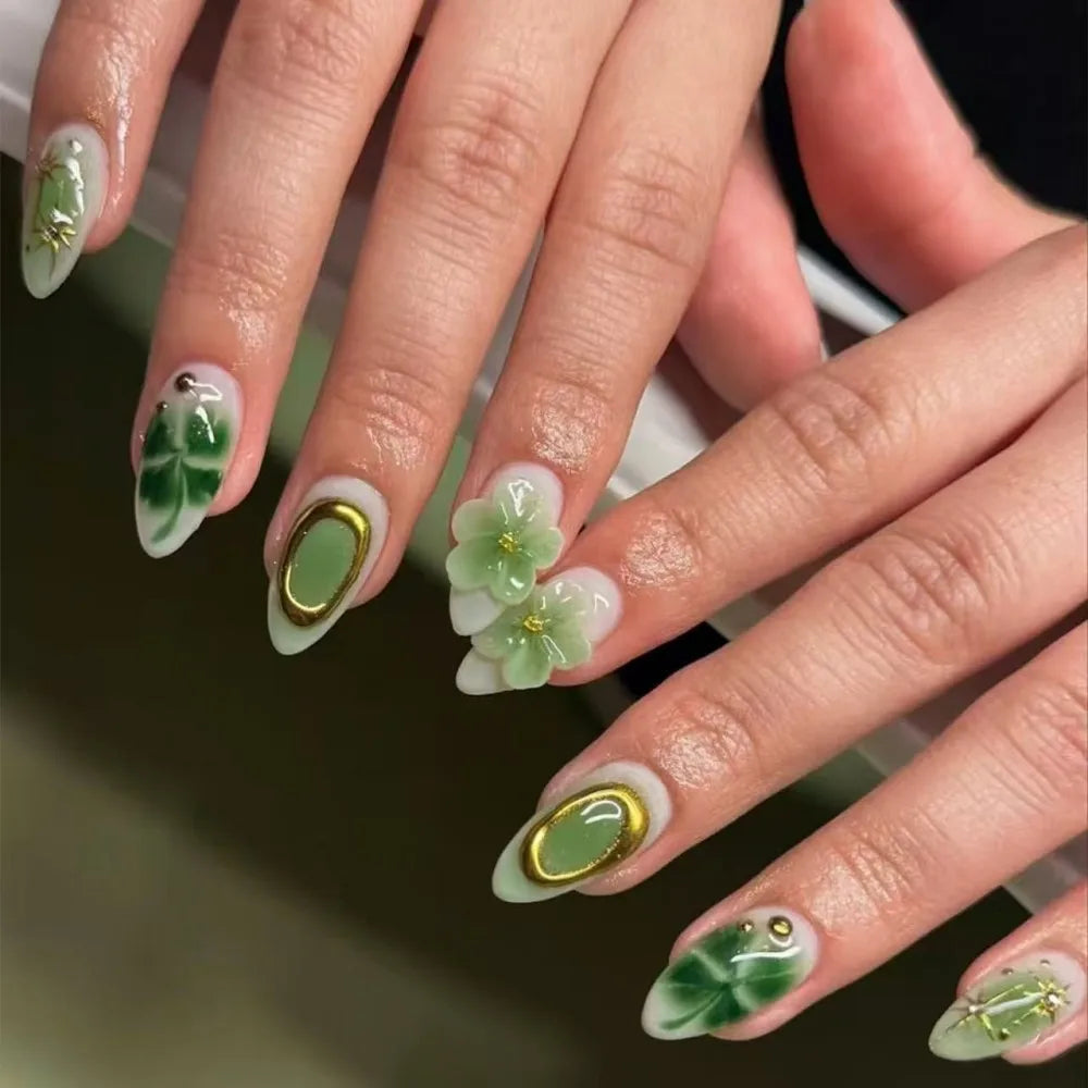 24PCS Gold Metallic Wire Velvet Marble French Fake Nails 3D Luxury Pink Camellia Floral Almond Textured Press on Nails Cozy