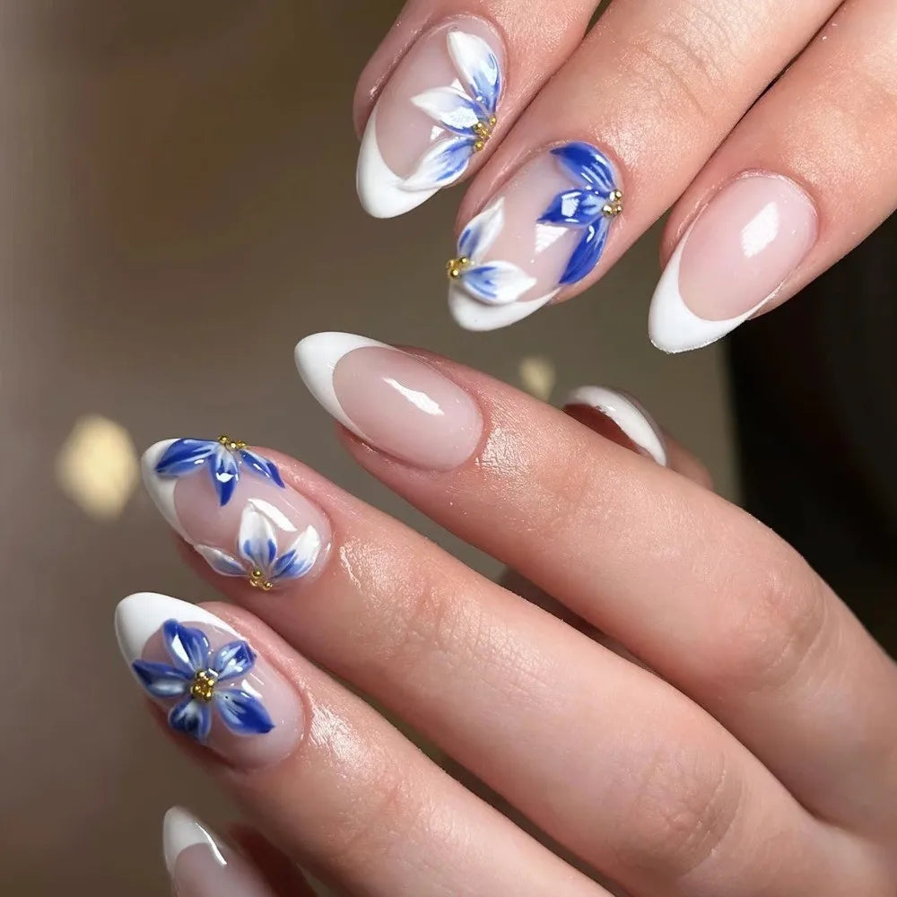 24PCS Gold Metallic Wire Velvet Marble French Fake Nails 3D Luxury Pink Camellia Floral Almond Textured Press on Nails Cozy