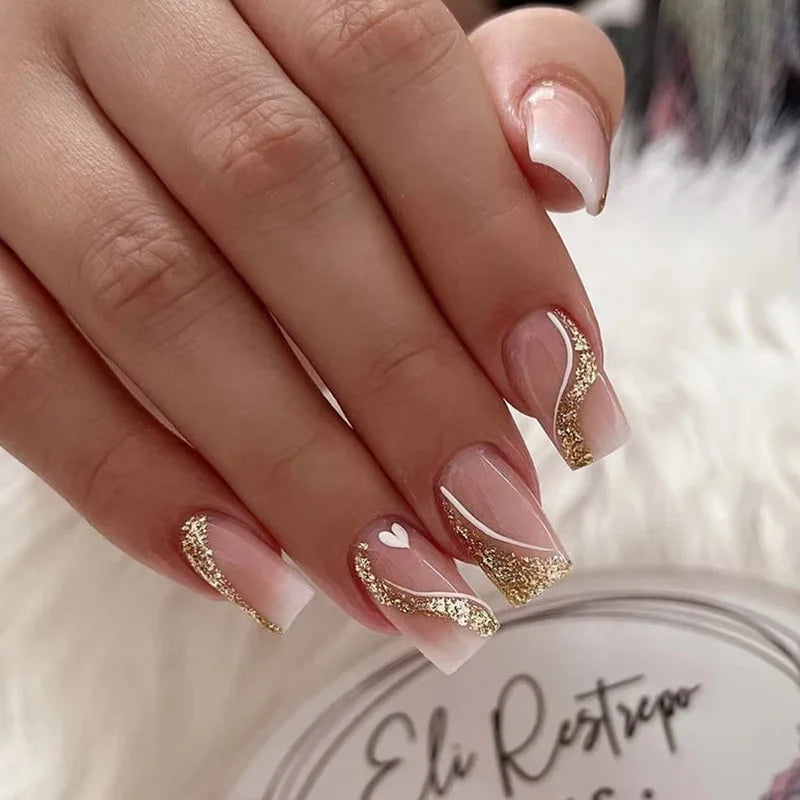 Short Medium fake nails for women gilrs french square nail tips golden glitters strips leaf heart design press on false nails