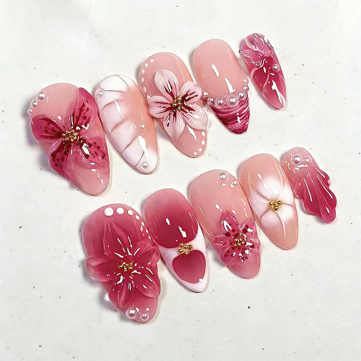 24PCS Luxury Fake Nails Gentle Blush Ombre Almond Press on Nails with 3D Floral Gold Steel Beads Design Sweet Removable Manicure