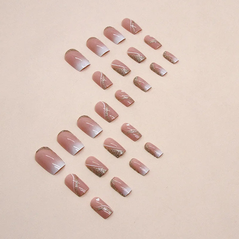 Short Medium fake nails for women gilrs french square nail tips golden glitters strips leaf heart design press on false nails