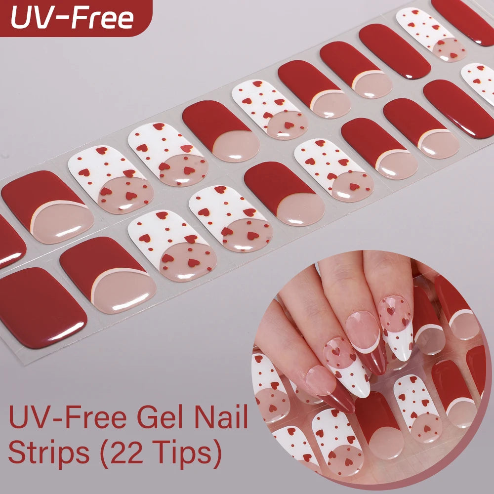UV Free Gel Nail Strips-22 tips French Ombre Cute Kitty Print Floral HEMA-Free & TPO-Free Press-on Nail Decal - No-Lamp Required