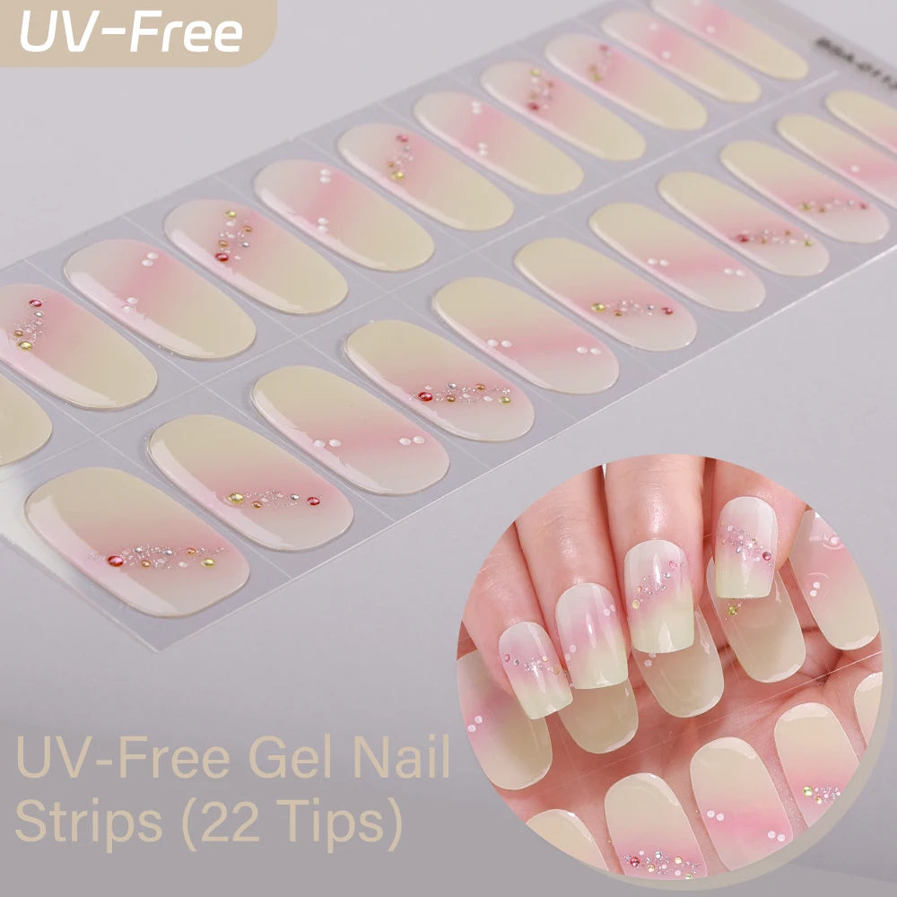 UV Free Gel Nail Strips-22 tips French Ombre Cute Kitty Print Floral HEMA-Free & TPO-Free Press-on Nail Decal - No-Lamp Required