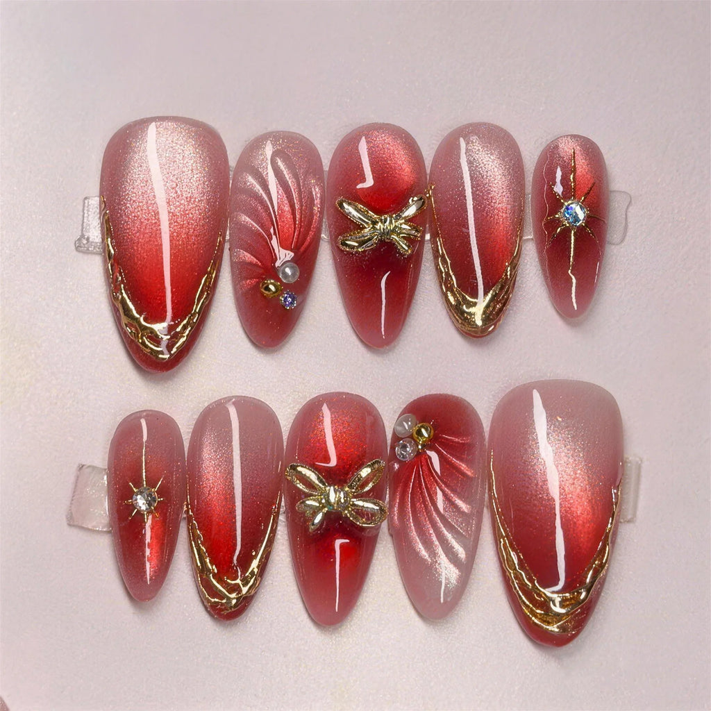 24Pcs Flower Pearl Nails Sets Press on Gilded Almond Lines False Nails Beauty Manicure Red Art Patches Tips Fake Detachable Nail