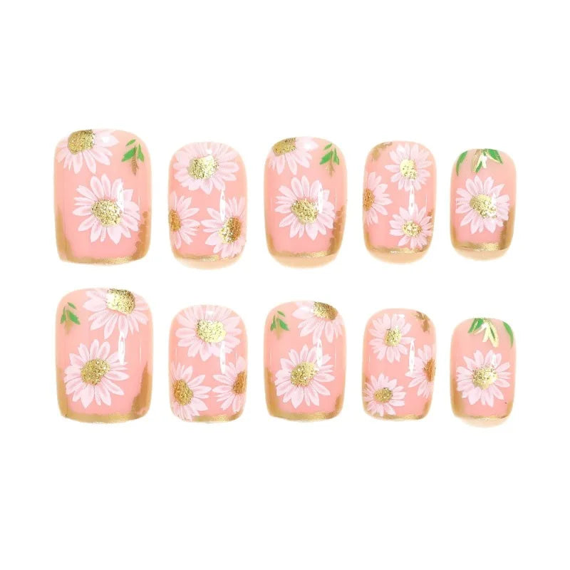 24pcs Spring and Summer Press on Nails Golden and White Flowers Fake Nails Beautiful women's False Nails with Sticky Tabs 2026