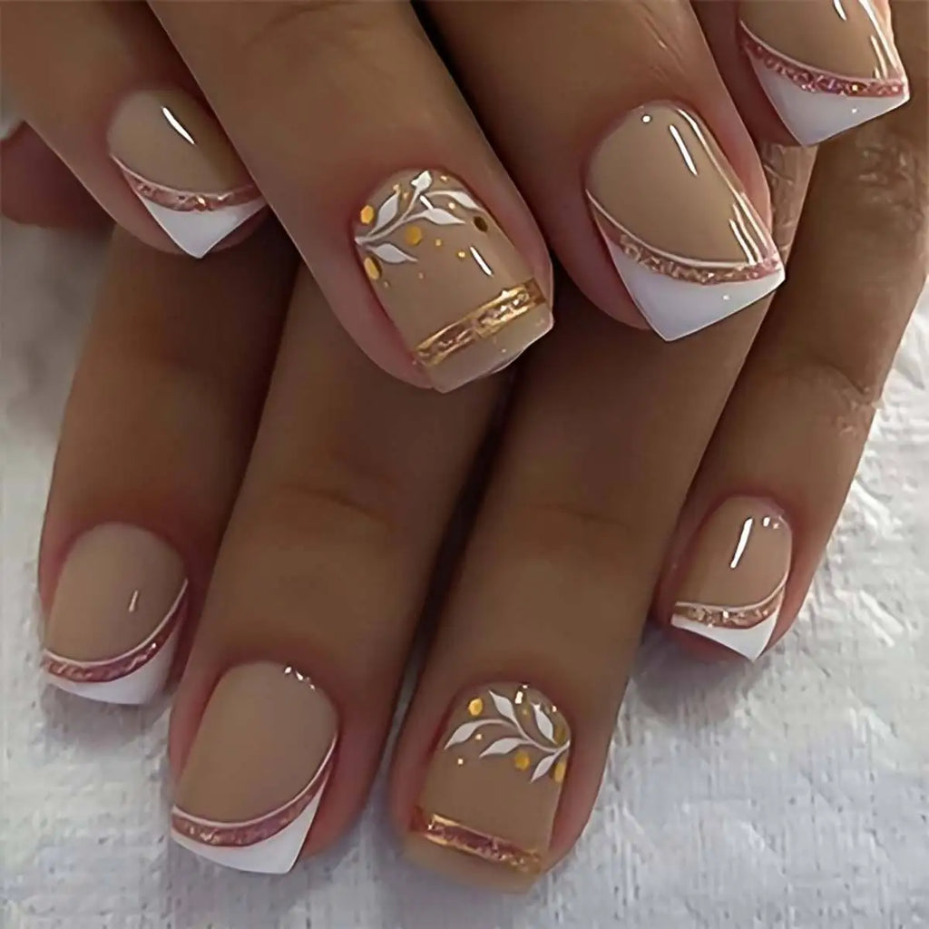 Short Medium fake nails for women gilrs french square nail tips golden glitters strips leaf heart design press on false nails