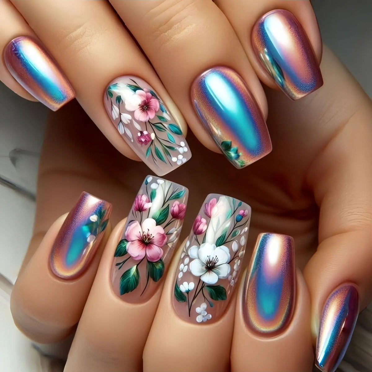 Medium long fake nails for women girls butterfly flowers cute owl design ballet square almond tips press on false nails art set