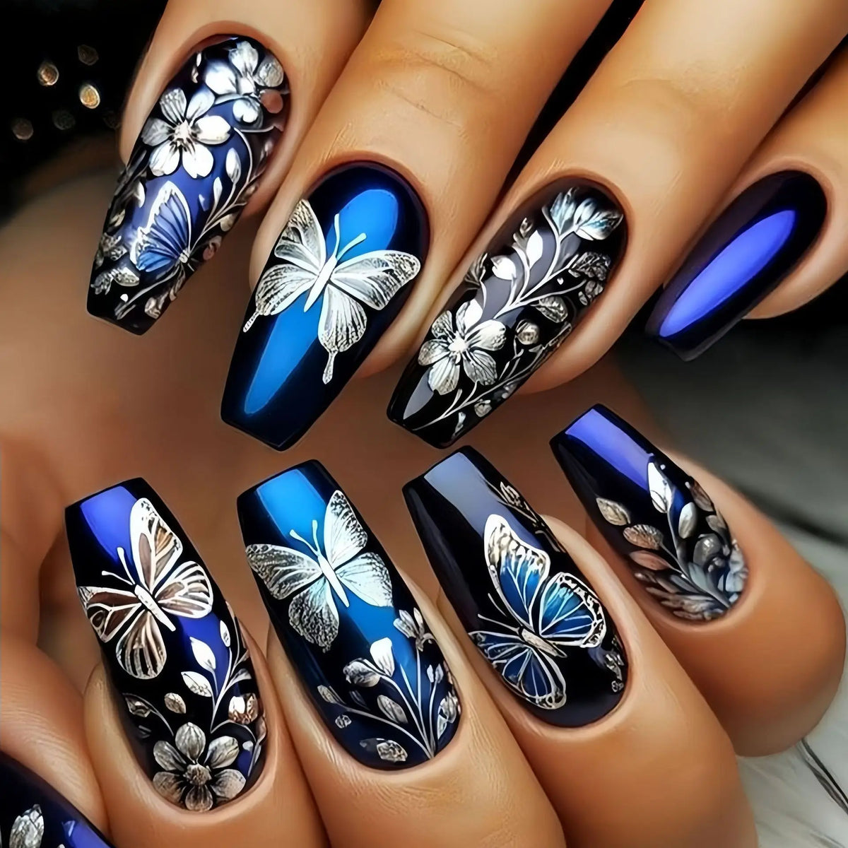Medium long fake nails for women girls butterfly flowers cute owl design ballet square almond tips press on false nails art set