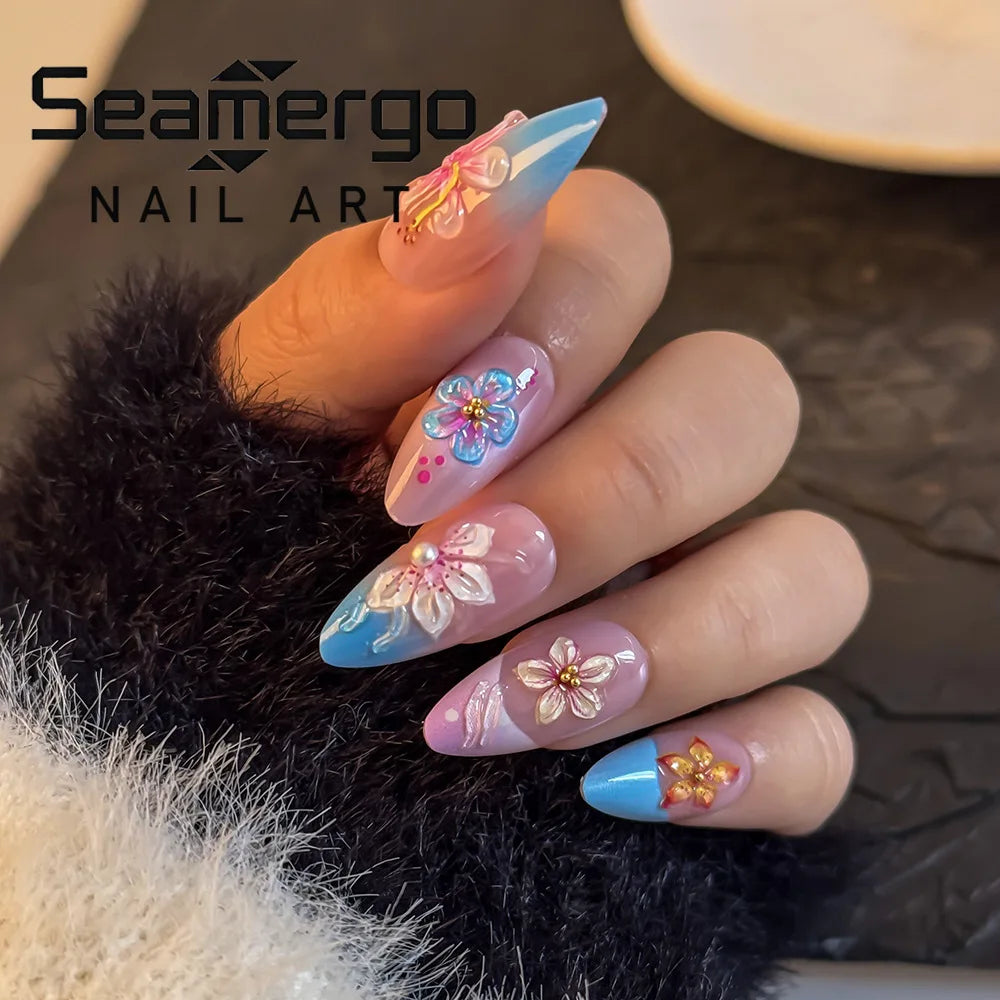 24PCS 3D Tropical Gradient Floral False Nails Almond Luxury French Design Press on Nails Vibrant Summer Sweet Style Manicure Art