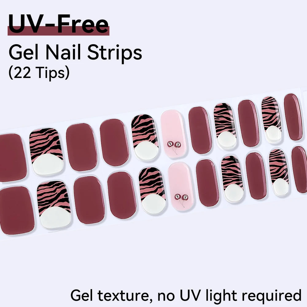 UV Free Gel Nail Strips-22 tips French Ombre Cute Kitty Print Floral HEMA-Free & TPO-Free Press-on Nail Decal - No-Lamp Required