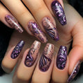 Medium fake nails for women girls fashion purple black flora strips design full cover ballet nail tips press on false nail art