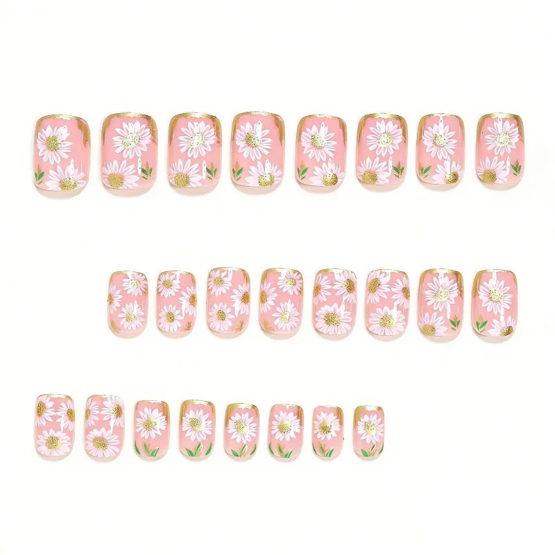 24pcs Spring and Summer Press on Nails Golden and White Flowers Fake Nails Beautiful women's False Nails with Sticky Tabs 2026