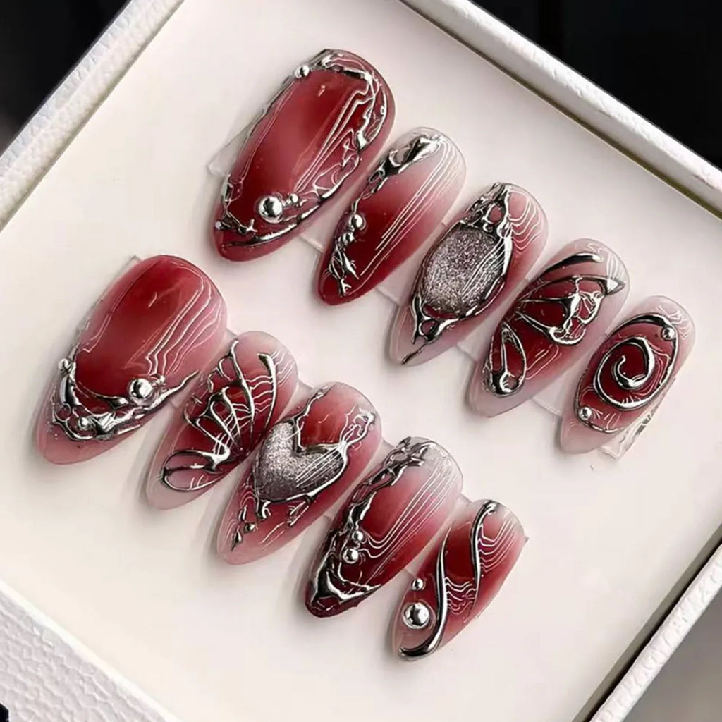 24PCS Luxury Fake Nails with Purple Aurora Gilded 3D Butterfly Floral Almond Press on Nails Sweet Cool Diamond False Nails Daily
