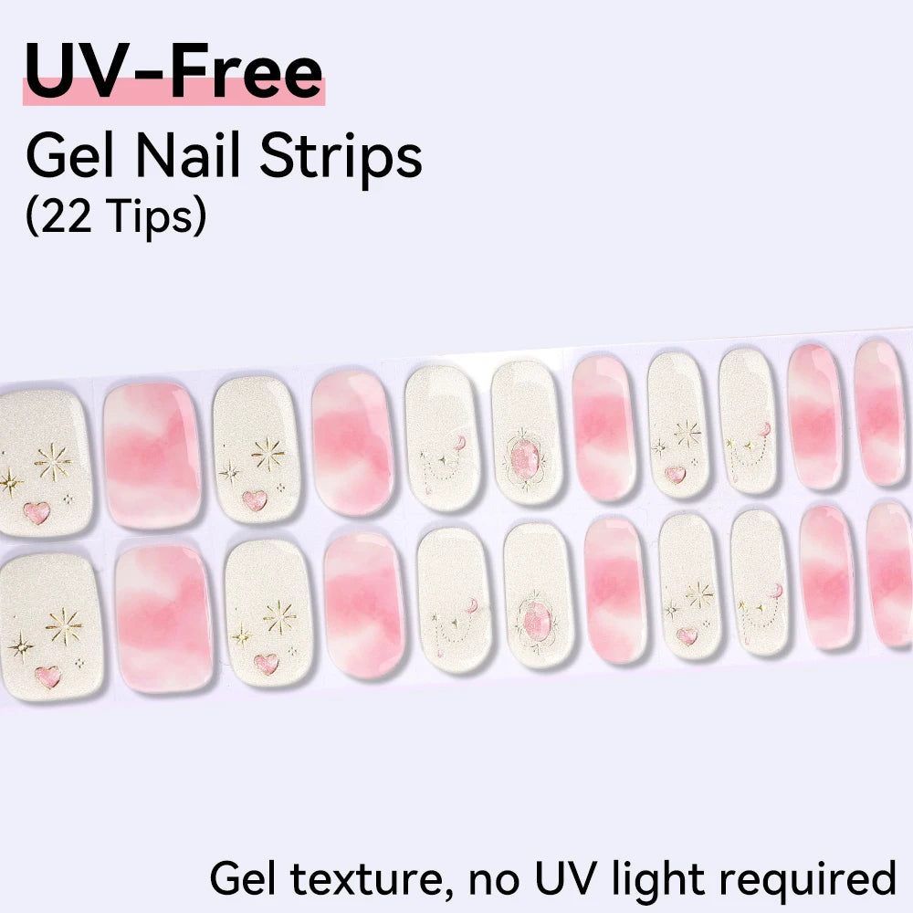 UV Free Gel Nail Strips-22 tips French Ombre Cute Kitty Print Floral HEMA-Free & TPO-Free Press-on Nail Decal - No-Lamp Required