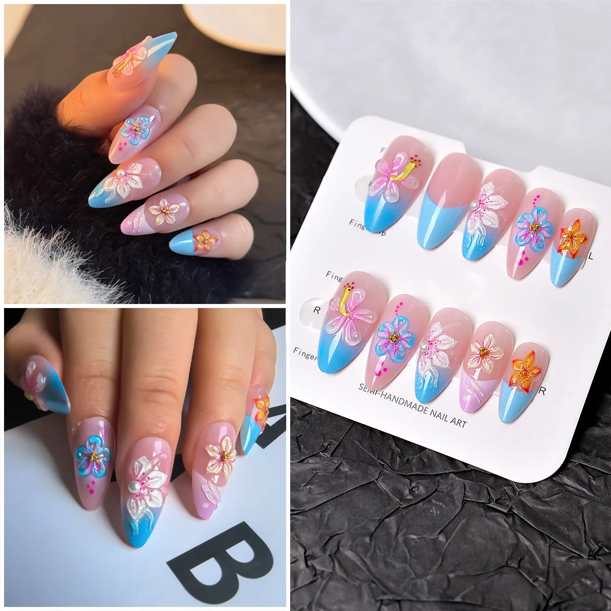 24PCS 3D Tropical Gradient Floral False Nails Almond Luxury French Design Press on Nails Vibrant Summer Sweet Style Manicure Art