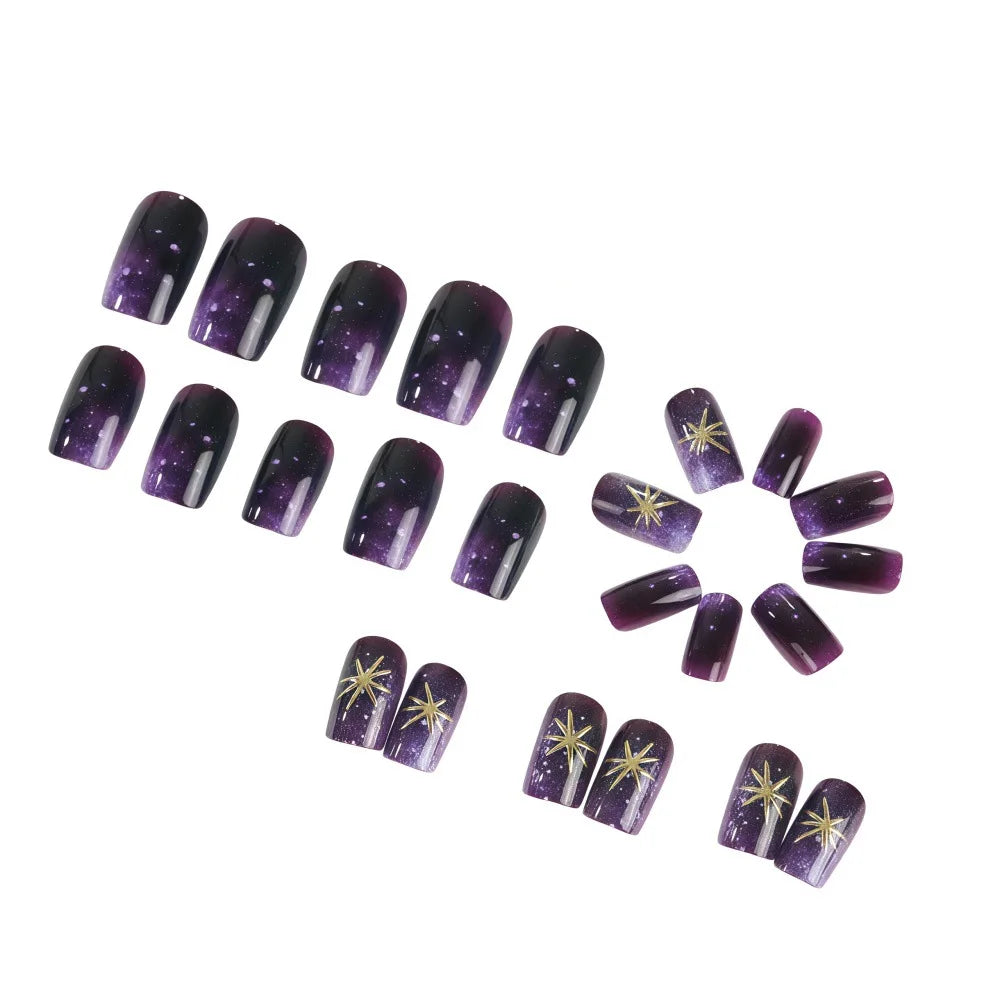 Short Medium fake nails gradient purple blue square nail tips with golden silver gilding starry stars press on false nail art