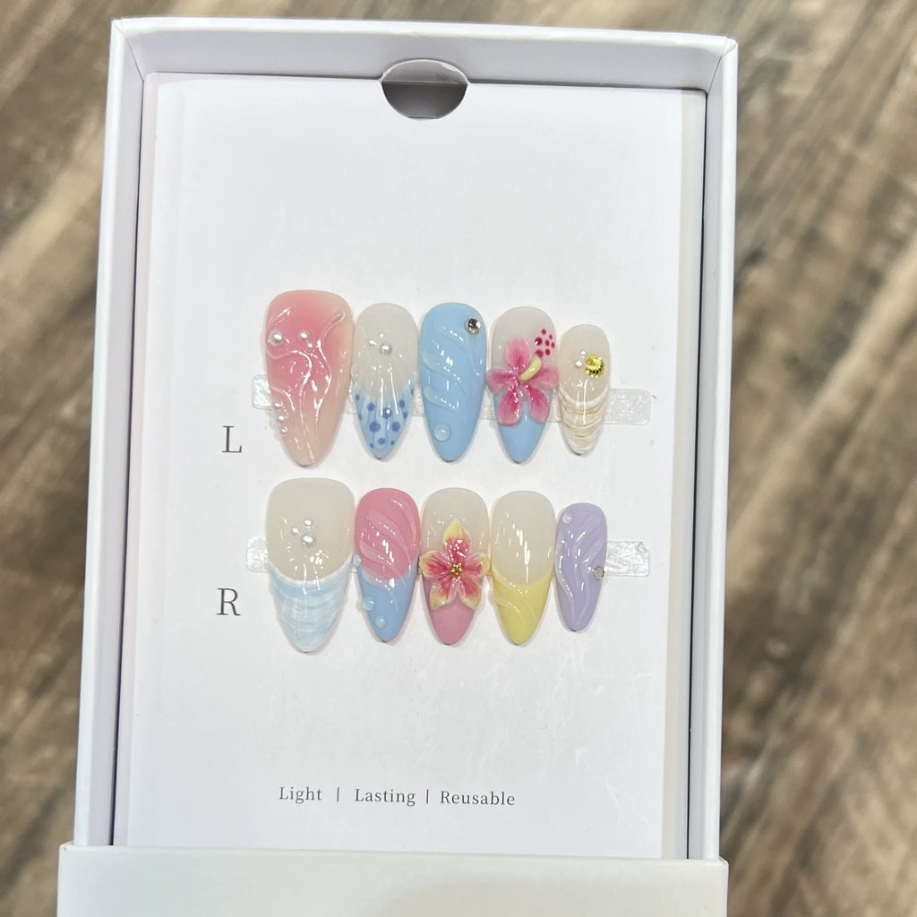 10Pcs Milky Nude Gentle Handmade Press on Nails French Bow Flower Design Fake Nails Mid-length Almond Polka Dot Fashion Manicure