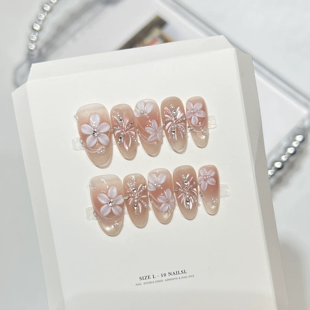 10Pcs Milky Nude Gentle Handmade Press on Nails French Bow Flower Design Fake Nails Mid-length Almond Polka Dot Fashion Manicure