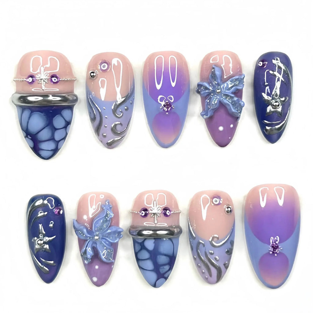 24Pcs Glitter Moon Star Round Press on False Naills with Silver Lines Design Reusable Blue Cool Style Almond Fake Nail Beauty