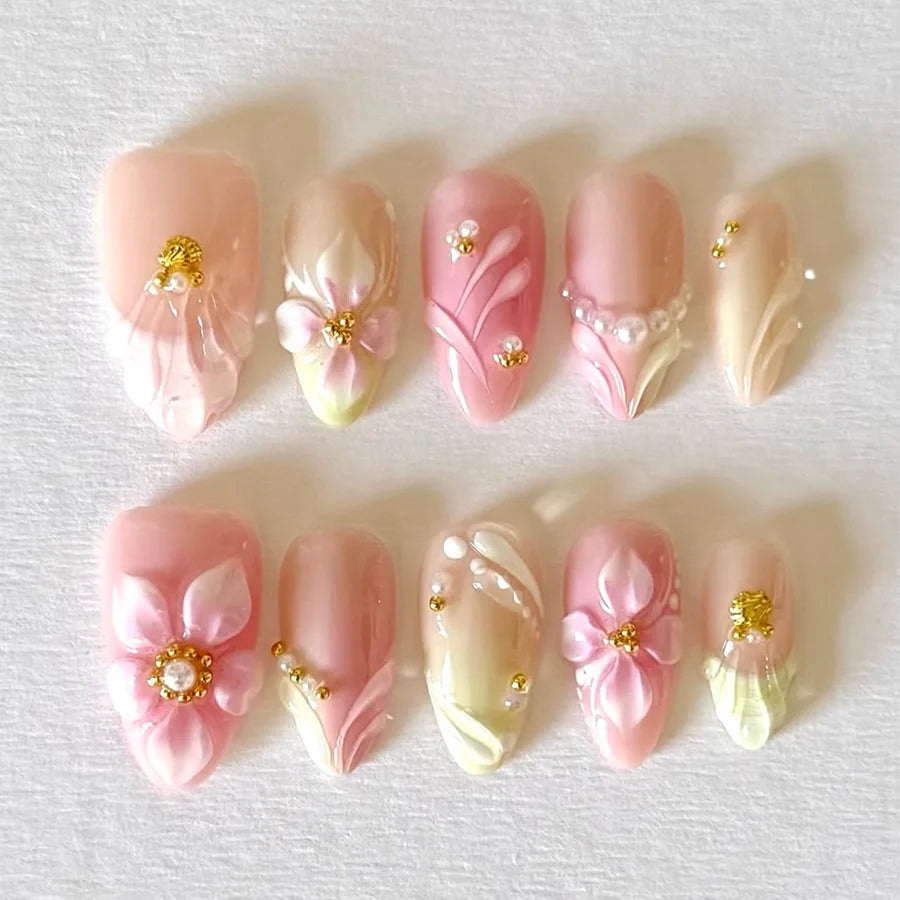 24PCS Luxury Fake Nails Gentle Blush Ombre Almond Press on Nails with 3D Floral Gold Steel Beads Design Sweet Removable Manicure