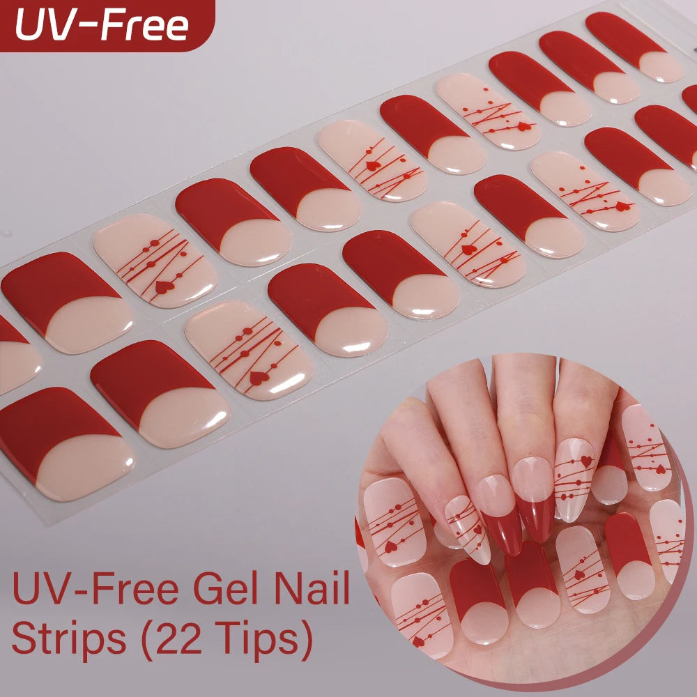 UV Free Gel Nail Strips-22 tips French Ombre Cute Kitty Print Floral HEMA-Free & TPO-Free Press-on Nail Decal - No-Lamp Required