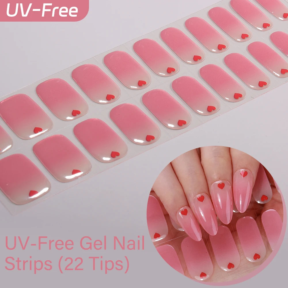 UV Free Gel Nail Strips-22 tips French Ombre Cute Kitty Print Floral HEMA-Free & TPO-Free Press-on Nail Decal - No-Lamp Required