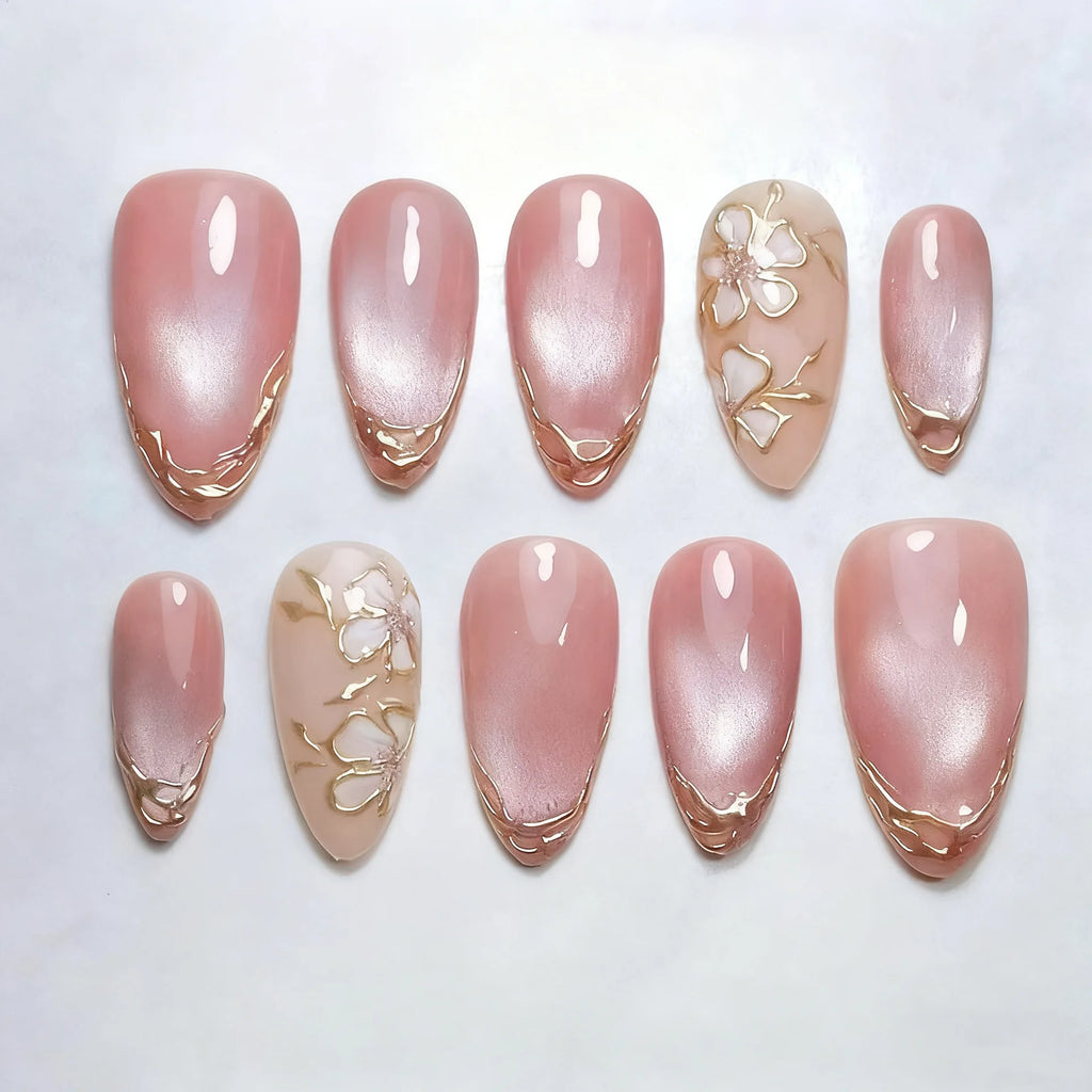 24Pcs Flower Pearl Nails Sets Press on Gilded Almond Lines False Nails Beauty Manicure Red Art Patches Tips Fake Detachable Nail