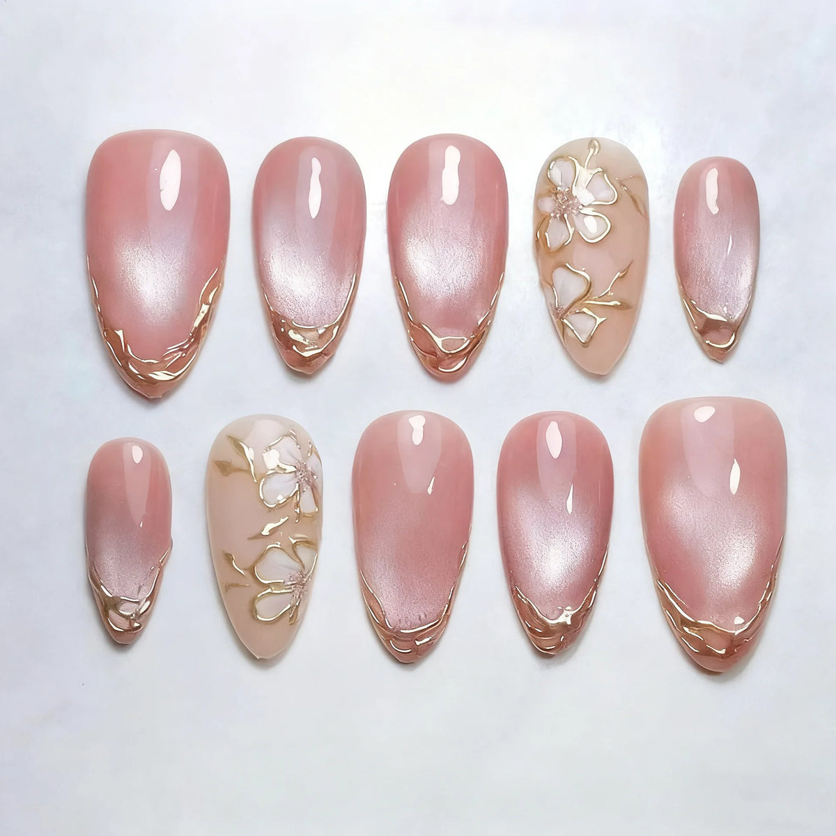 24Pcs Flower Pearl Nails Sets Press on Gilded Almond Lines False Nails Beauty Manicure Red Art Patches Tips Fake Detachable Nail