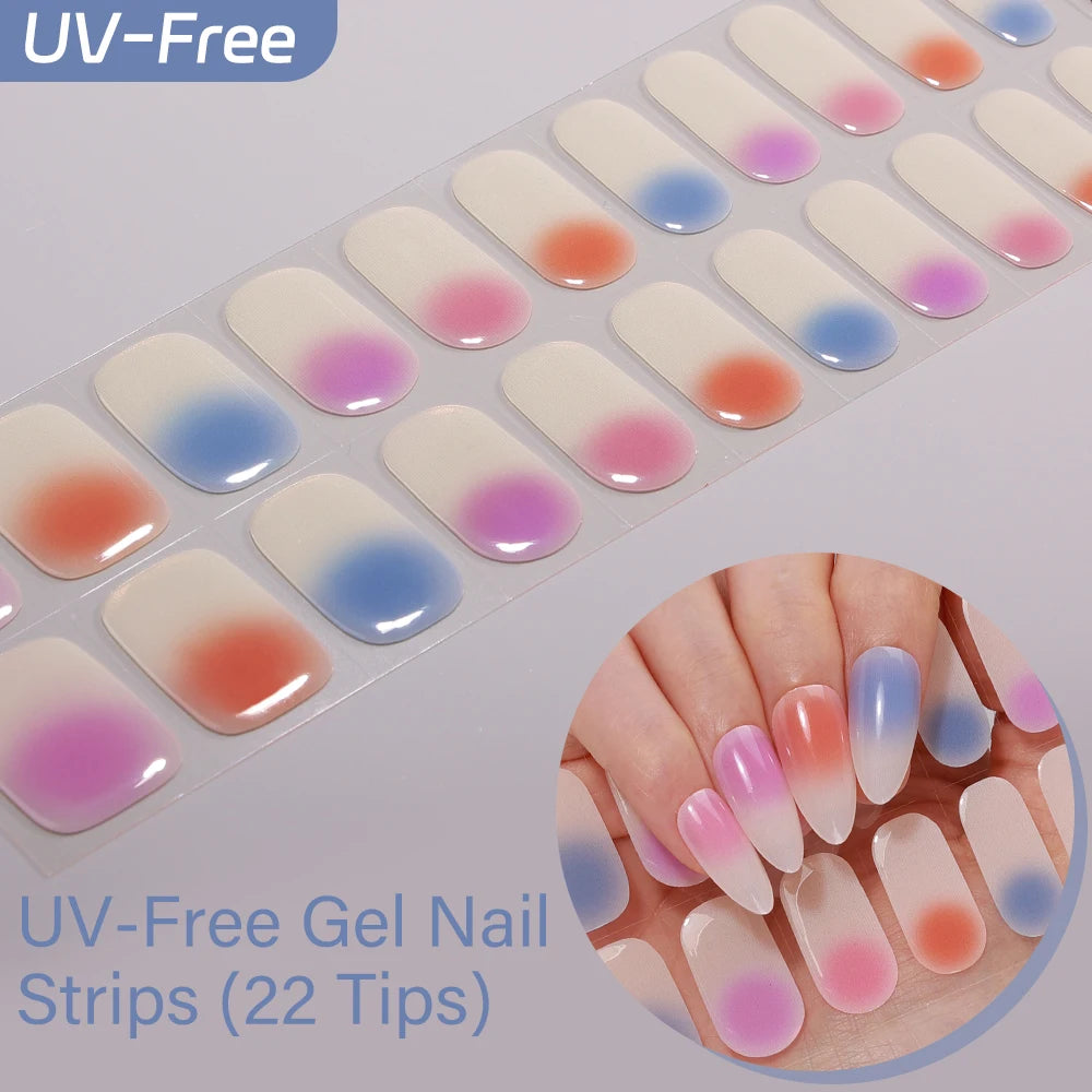 UV Free Gel Nail Strips-22 tips French Ombre Cute Kitty Print Floral HEMA-Free & TPO-Free Press-on Nail Decal - No-Lamp Required