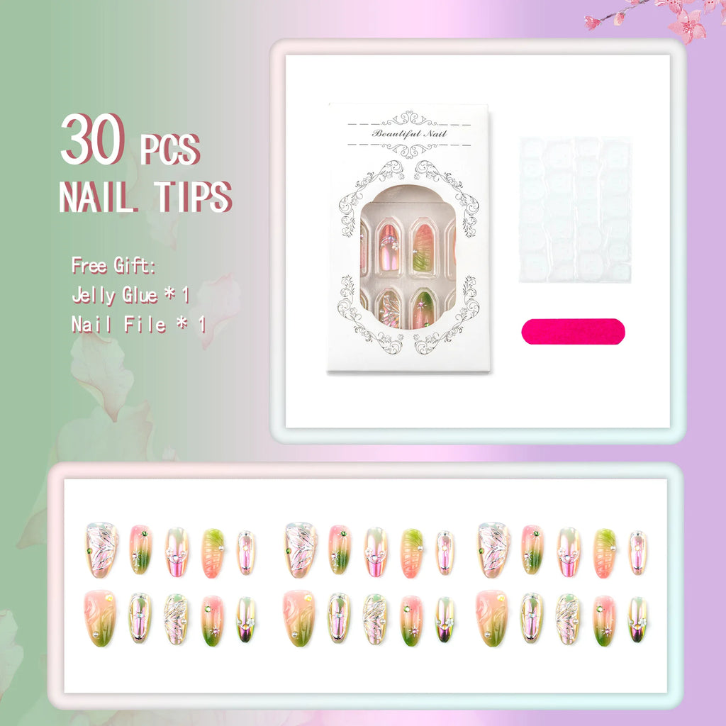 24PCS Luxury Fake Nails with Purple Aurora Gilded 3D Butterfly Floral Almond Press on Nails Sweet Cool Diamond False Nails Daily